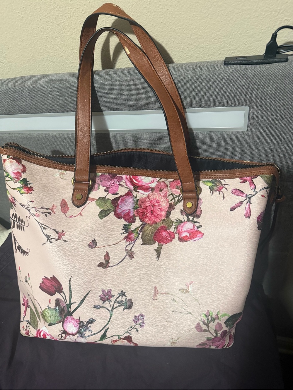 Floral Print Pink Tote Bag with Brown Handles